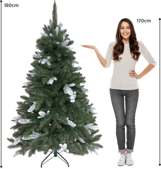 PristinePine Full Künstlicher Weihnachtsbaum mit Schnee 180cm - Stabiler Weihnachtsbaum - Metallsockel - Schnell aufzustellen