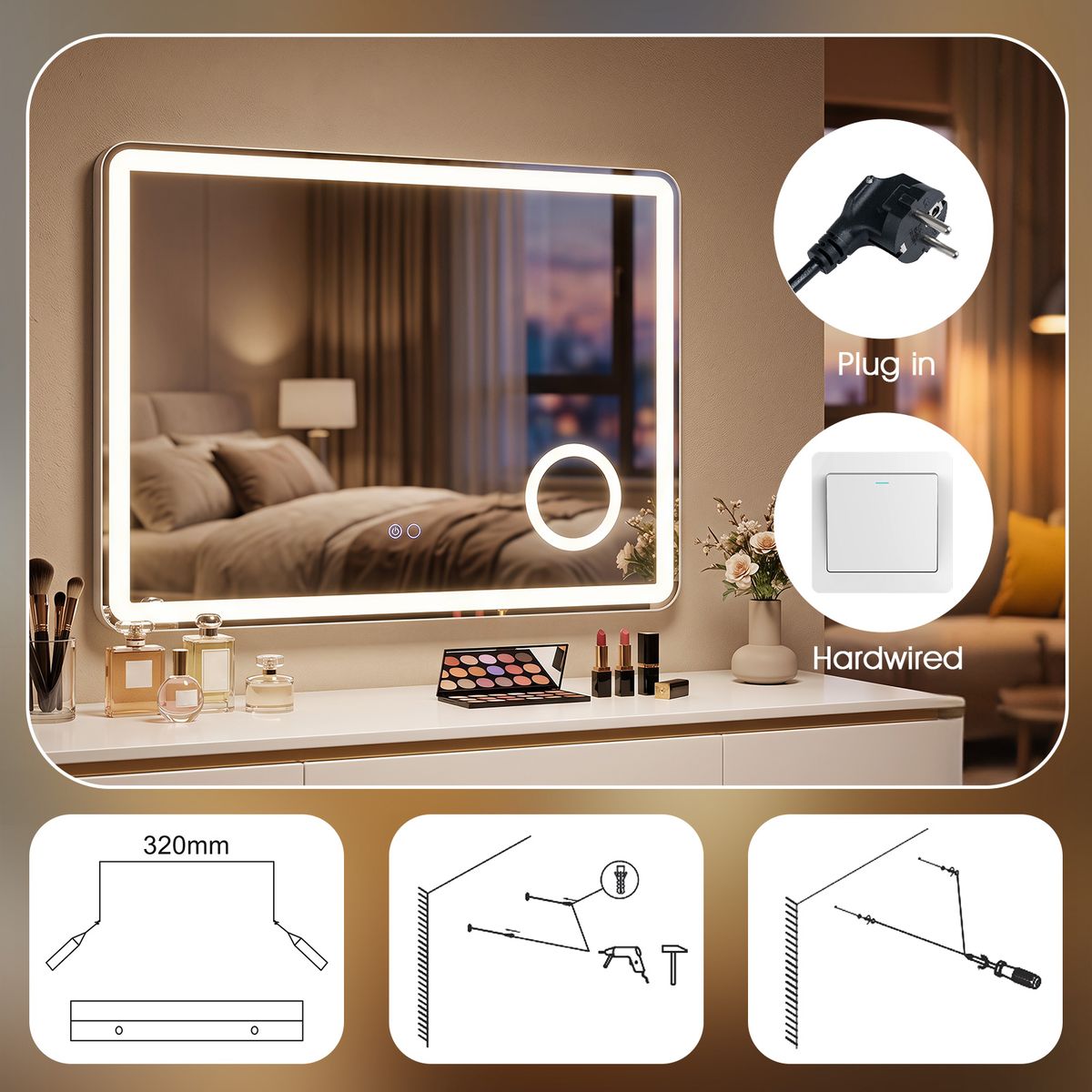 Coast LED-Badezimmerspiegel – integrierter 3-fach-Vergrößerungsspiegel – dimmbares Licht – 80 x 60 cm – silber