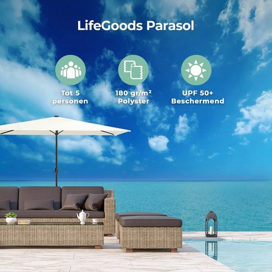 LifeGoods Sonnenschirm - 270x180cm - 30Â° neigbar - wasserdicht - mit Bezug - Creme