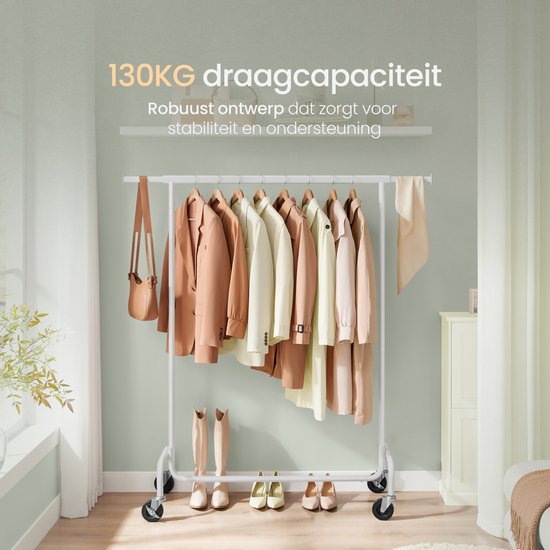 O'DADDYÂ® Kleiderständer auf 4 großen Rädern - Bis zu 130 kg Kapazität - Verstellbar und ausziehbar - Rostfreies verchromtes Metall - Einfache Montage - Weiß