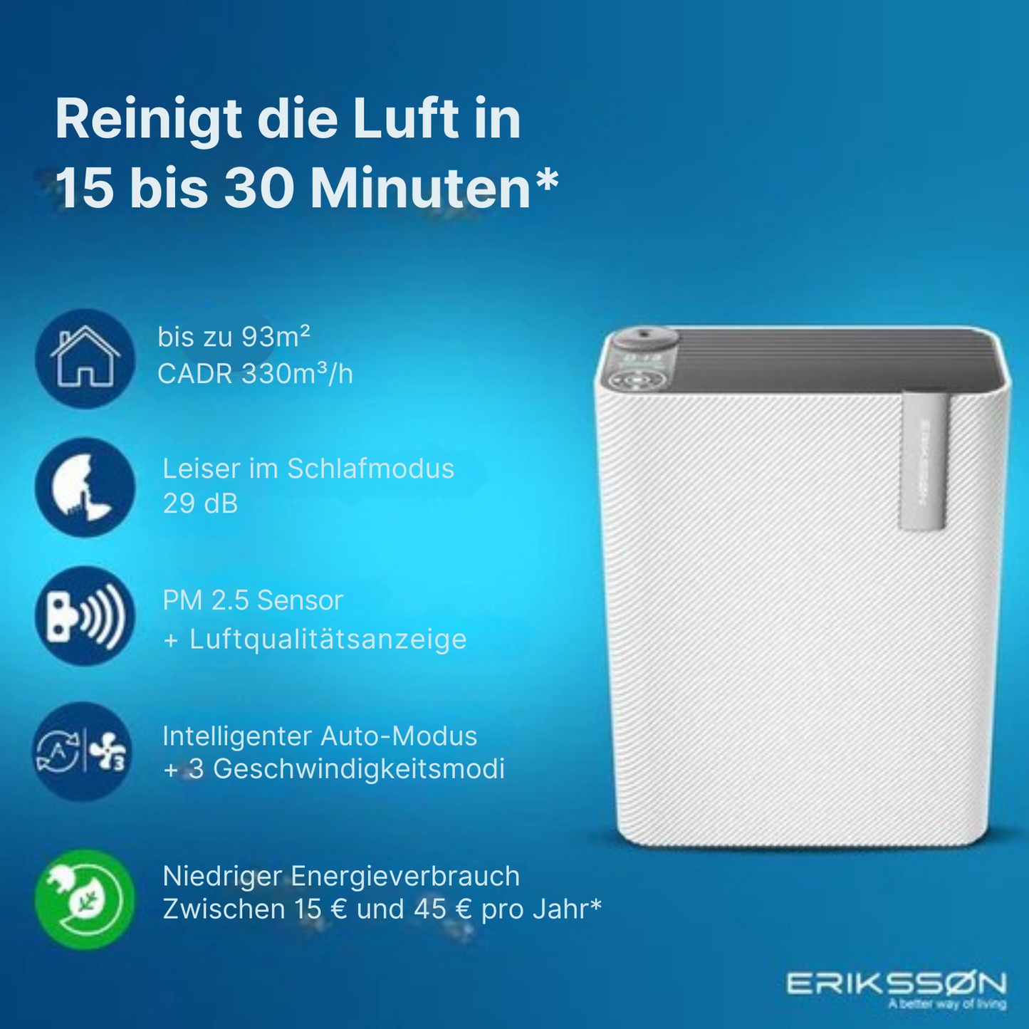 Erikssøn - 2-in-1 Luftreiniger - mit Luftbefeuchter - 330 m3/h - Hilft gegen Staub/Heuschnupfen & Allergien - Mit Hepa-Filter - Weiß