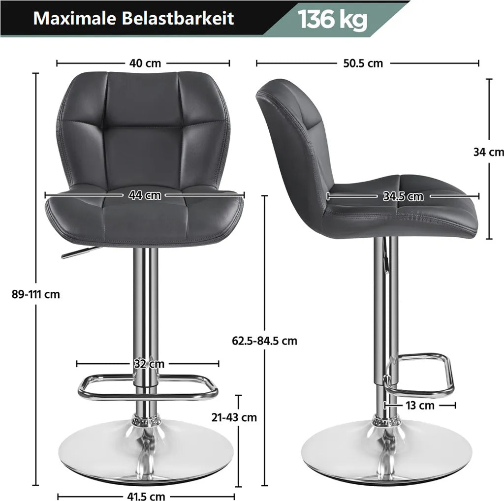 Yaheetech Barhocker – 2 Stück – Höhenverstellbar 62,5–84,5 cm – um 360° drehbar – Grau