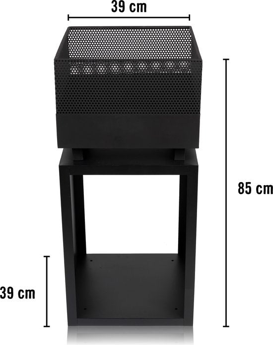 BBQ Collection - Feuerkorb mit Funkenschutz - Gartenkamin 39 x 39 x 85 cm - Outdoor-Kamin mit Pfahl und Brennholzlager - Holzofen für Garten und Terrasse - Outdoor-Ofen für Holz - Carbonstahl