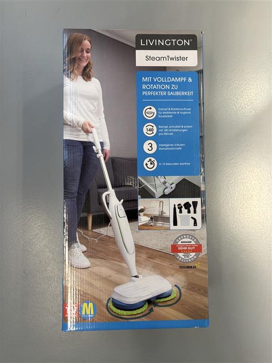 Livington Steam Twister Dampfreiniger mit rotierendem Doppel-Moppkopf, reinigt, schrubbt und poliert, 3-Stufen-Dampfautomat, 120 Grad heißer Dampf, Handdampfreiniger, weiß