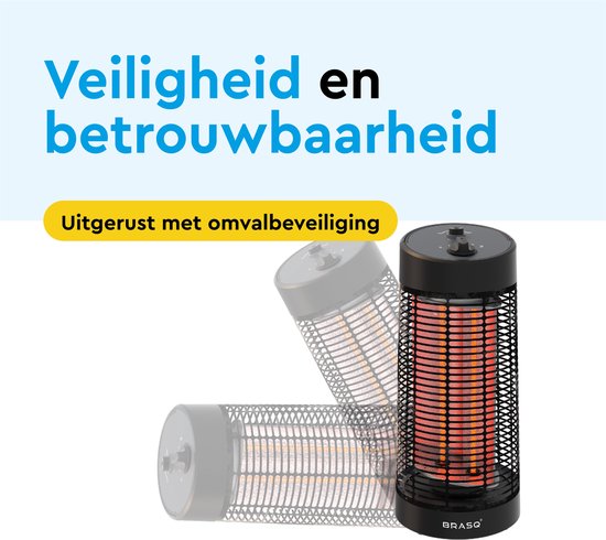 BRASQ Elektrischer Terrassenheizer - 1200 Watt - 2 Heizstufen - Mit Schwenkfunktion - Infrarotheizung - Spritzwassergeschützt - Schwarz