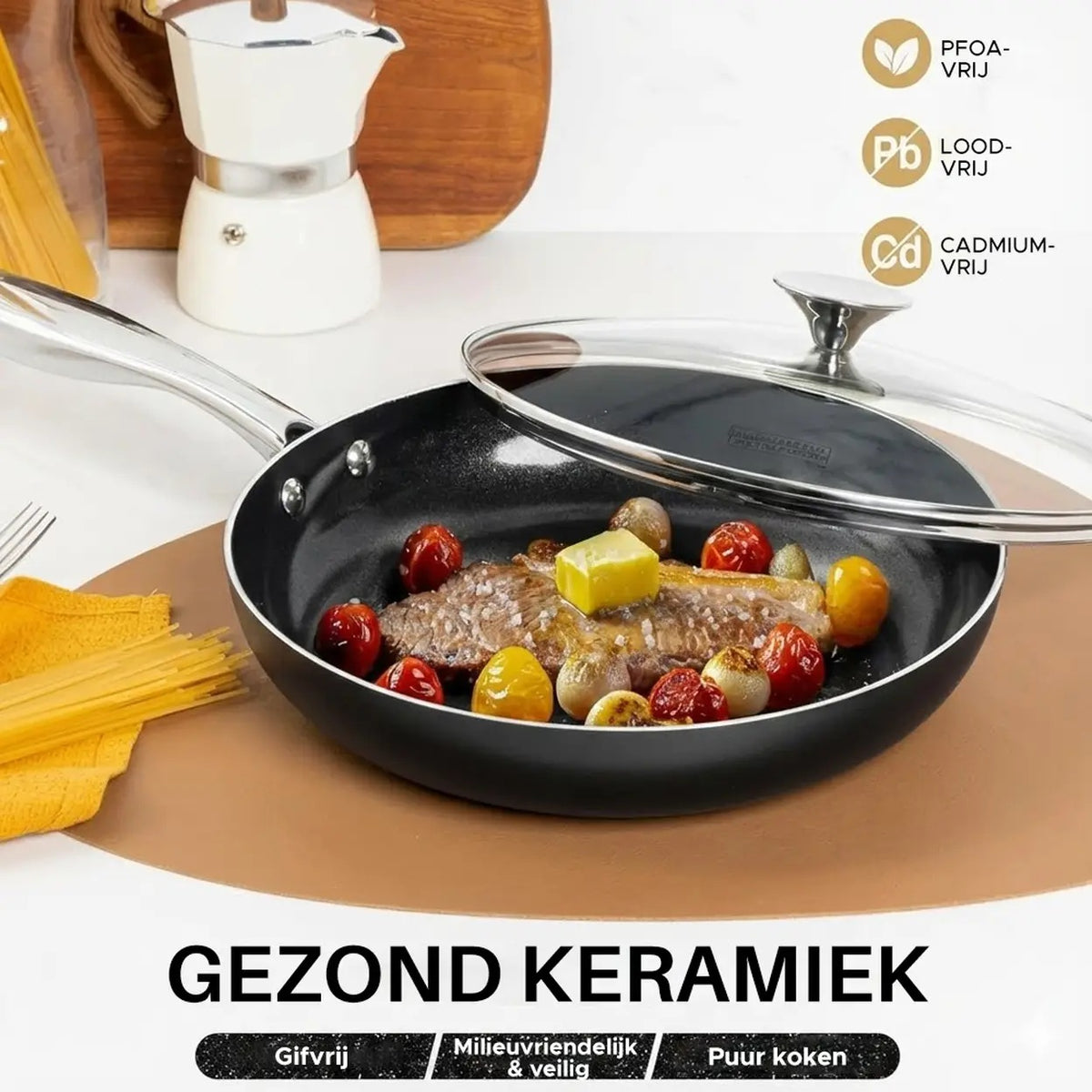 Michelangelo Keramik-Bratpfanne mit Deckel – 8 Zoll – Schwarz