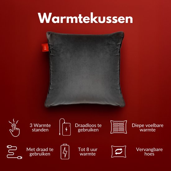 Coozie Wiederaufladbares Wärmekissen - Kabellos & verkabelt - 45-65°C - Samt - 45 x 45 cm - Inkl. Powerbank - Bis zu 8 Stunden Wärme - Anthrazitgrau