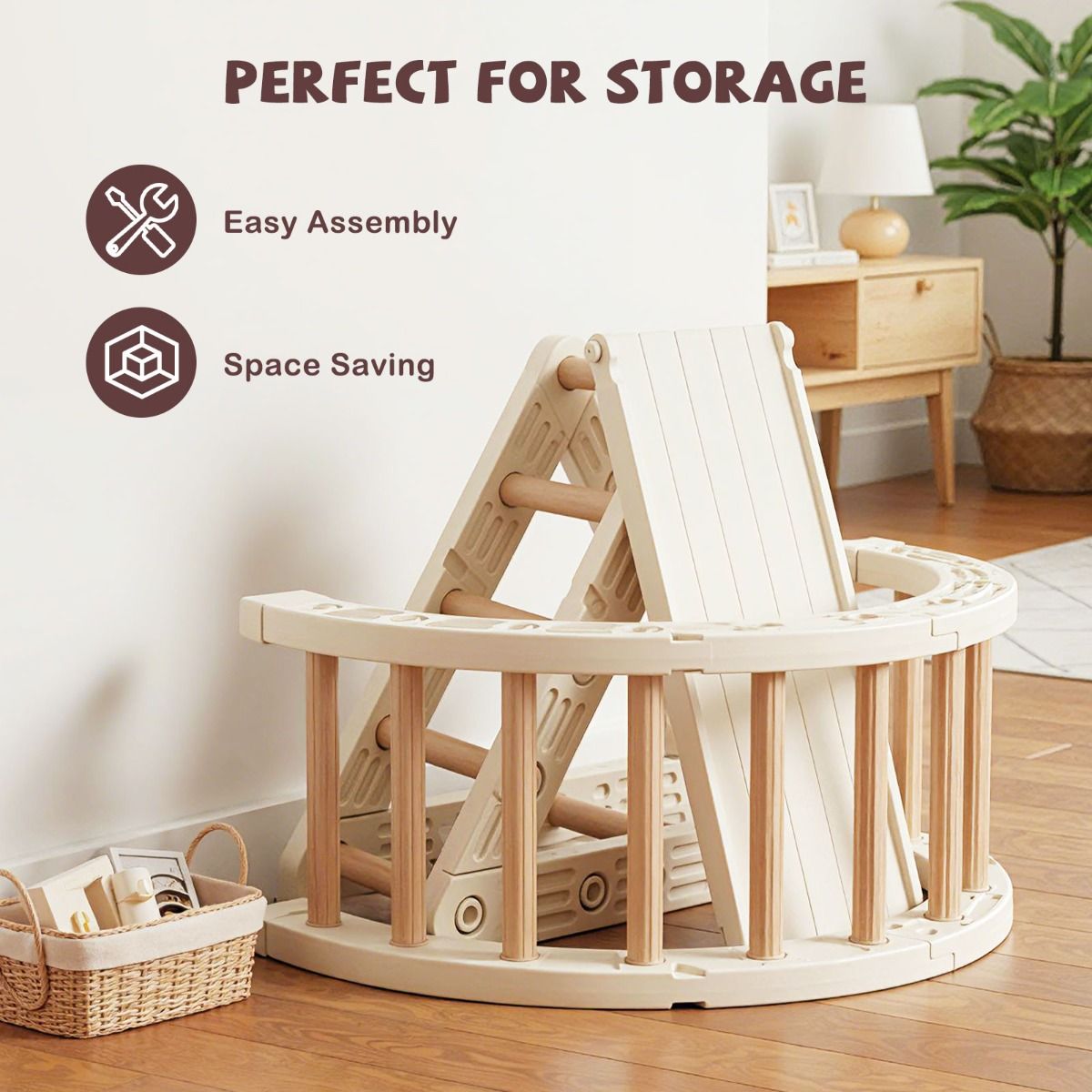 Coast Montessori Klettergerüst für Kinder – 5-in-1-Klettergerüst aus Holz mit Bogen und doppelseitiger Leiter – beige und kaffeefarben
