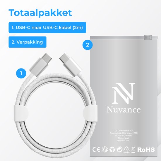 Nuvance USB-C-zu-USB-C-Kabel – USB-C-Ladegerät – 2 Meter – USB-C-Schnellladegerät – geflochtenes Nylon – 60 W – 480 Mbit/s – Weiß
