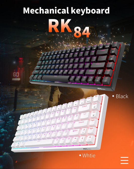RK84 Gaming-Tastatur Weiß - RGB-Beleuchtung - Hot-Swap-fähig - Tri-Mode - Ergonomische mechanische Gaming-Tastatur mit Wireless-Verbindung - Qwerty - 80% mit Multimedia-Tasten - braune Schalter