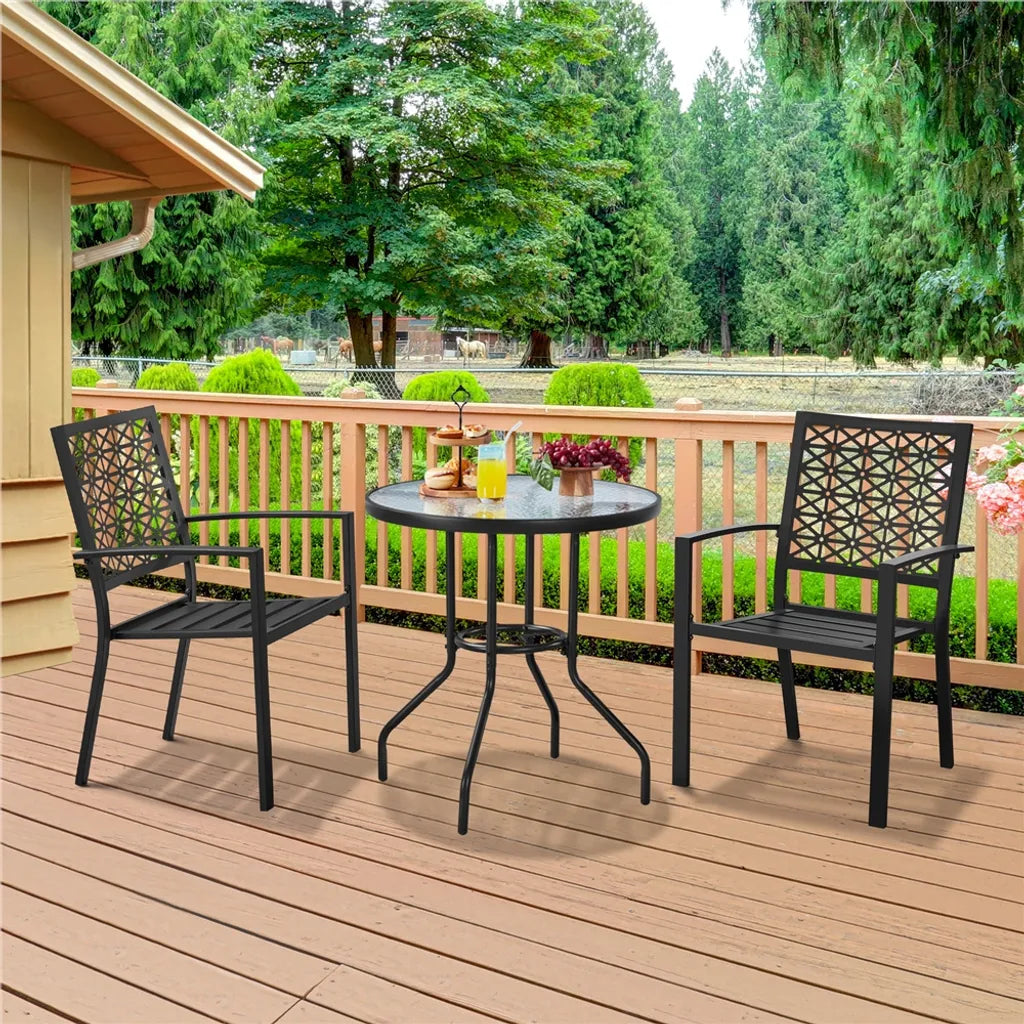 Yaheetech Bistro-Gartentisch Ø 70 cm – Schwarz – Runder Tisch mit Hartglasplatte und Sonnenschirmloch