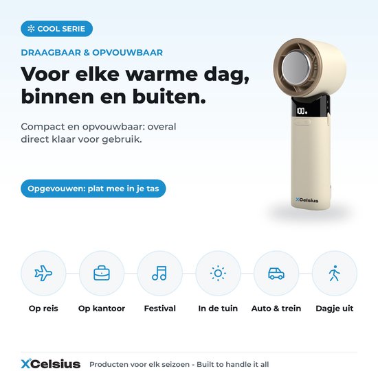 XCelsius® Handventilator – Tragbarer, zusammenklappbarer Mini-Ventilator – Über USB-C aufladbar – Stufenlos von 0 % bis 100 % einstellbar – Mit Sofort-Kühlplatte – Beige/Creme