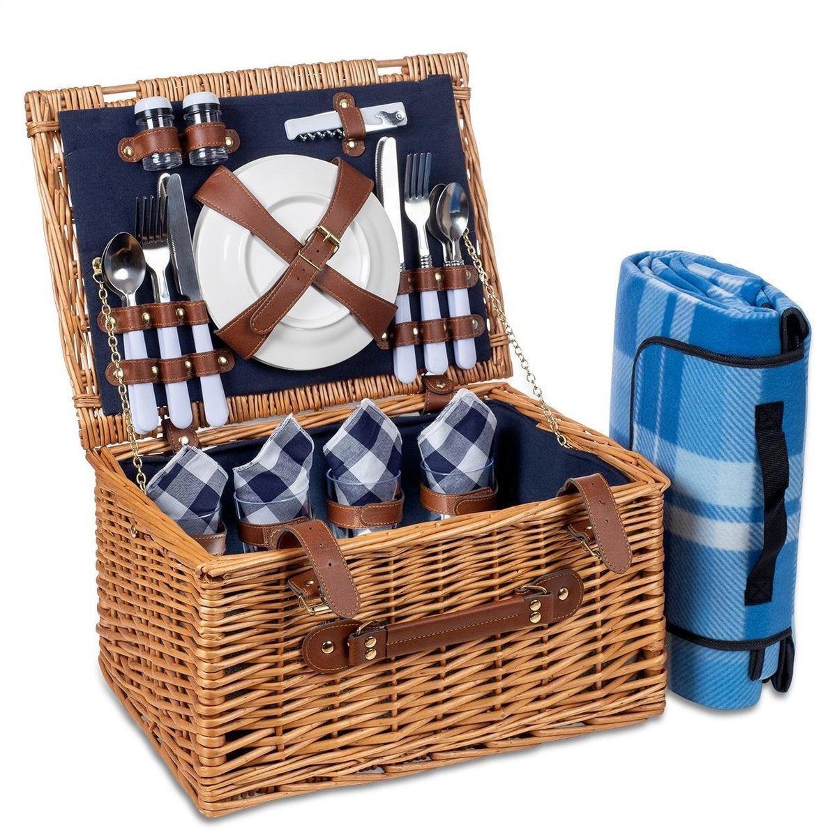 LifeGoods Picknickkorb - 29-teiliges Set mit Picknickdecke - 4 Personen - PU-Leder