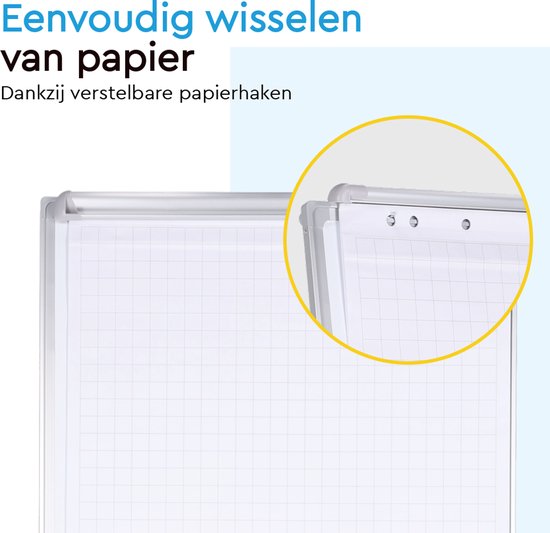 BRASQ Flipchart - 70x100cm - Verstellbares Whiteboard - Inklusive 25 Blatt Papier, 4 Marker, 8 Magnete, Radiergummi - Magnettafel mit Haken - Magnettafel - Aluminium