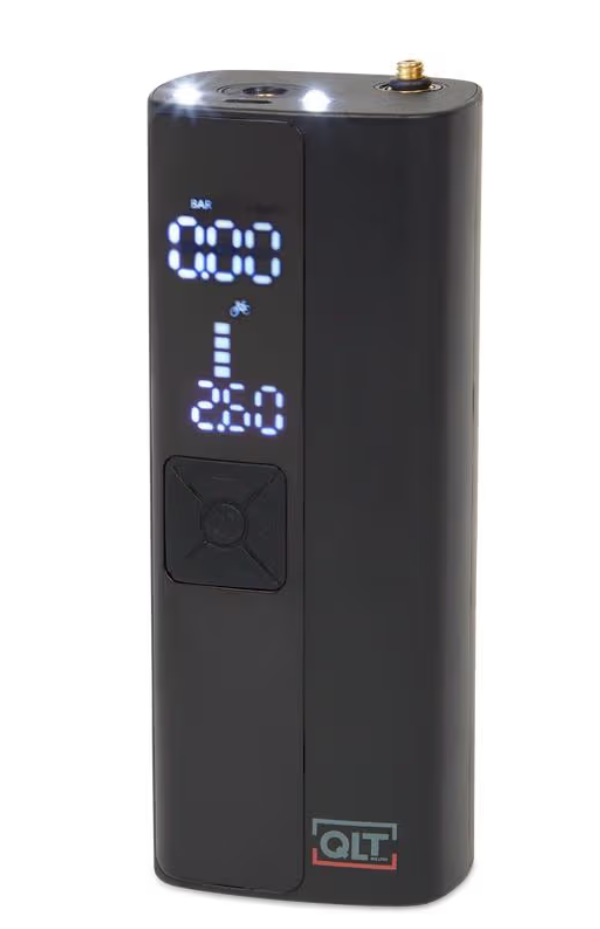 QLT Kabelloser Luftkompressor – über USB aufladbar – LCD-Display mit LED-Beleuchtung – Schwarz – 5,5 x 4,5 x 19,8 cm