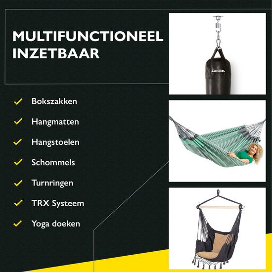Zoluko Edelstahl-Aufhängesystem - 300 KG Tragkraft - 360° frei drehbar - schalldämpfende Feder - Boxsack-Aufhängesystem - Deckenhalterung - Deckenhaken - Aufhängehaken - Schraubhaken - Chrom