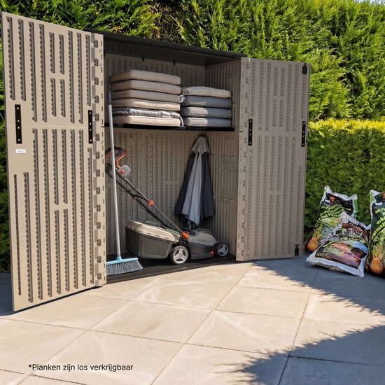 LifeGoods Gartenschrank Vertikal - 1340L - Aufbewahrungsschrank - Wasserdicht & UV-beständig - Gartenbox - Taupe