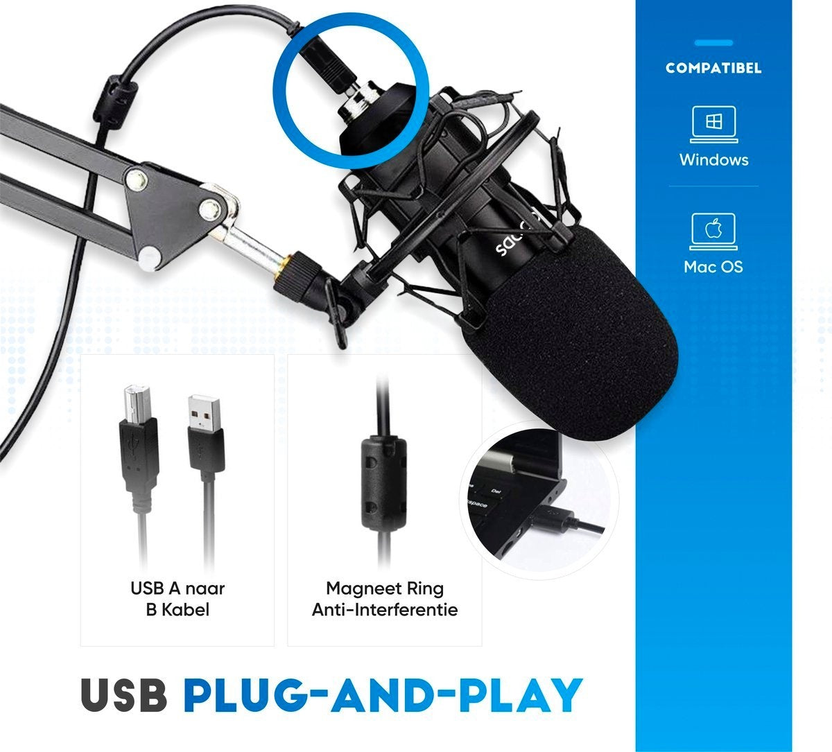Urgoods - Mikrofon mit Arm - Kondensatormikrofon - Streaming & Gaming - für PC - USB - Schwarz