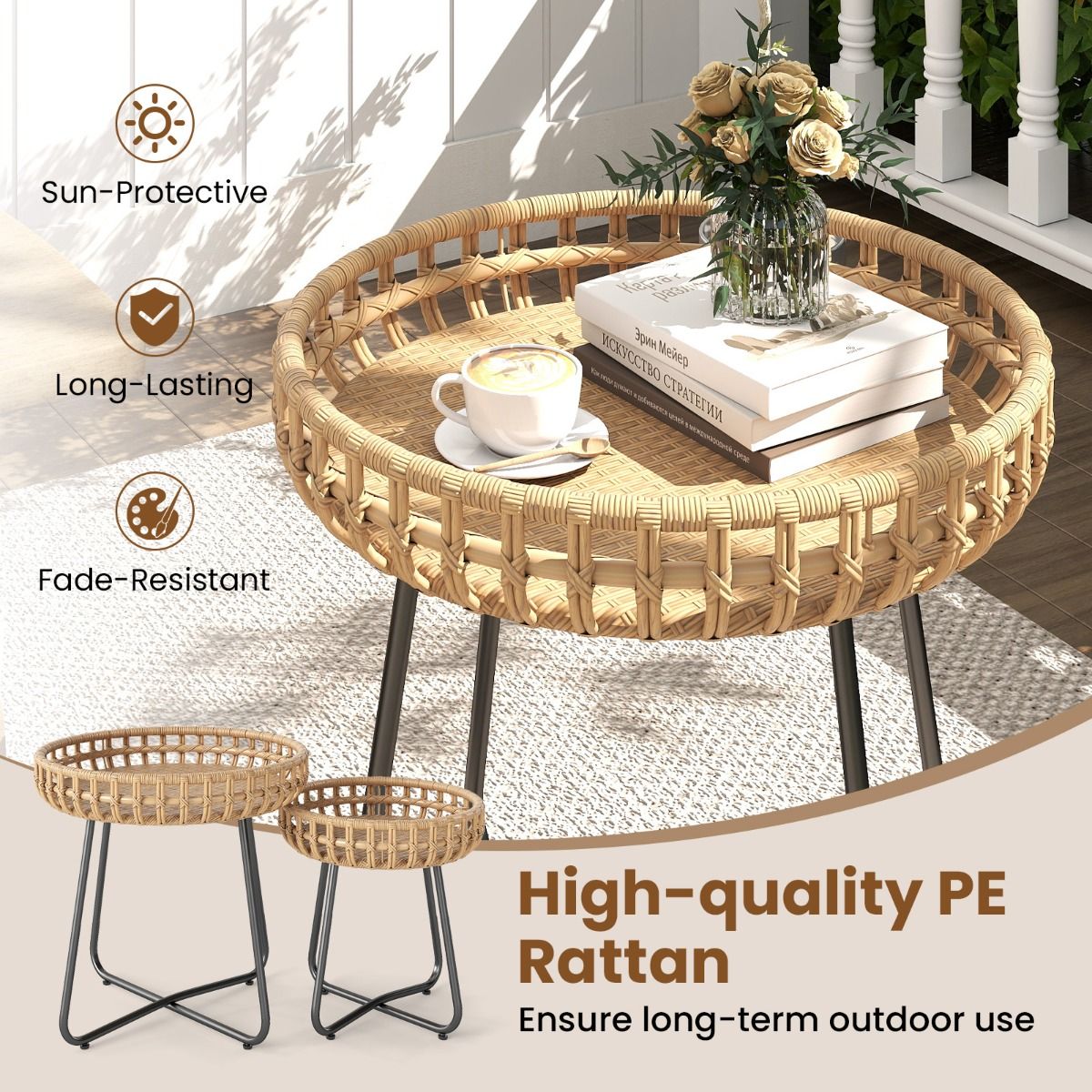Coast 2er-Set runde Couchtische – Handgewebtes Rattan – Metallgestell – Braun und Schwarz