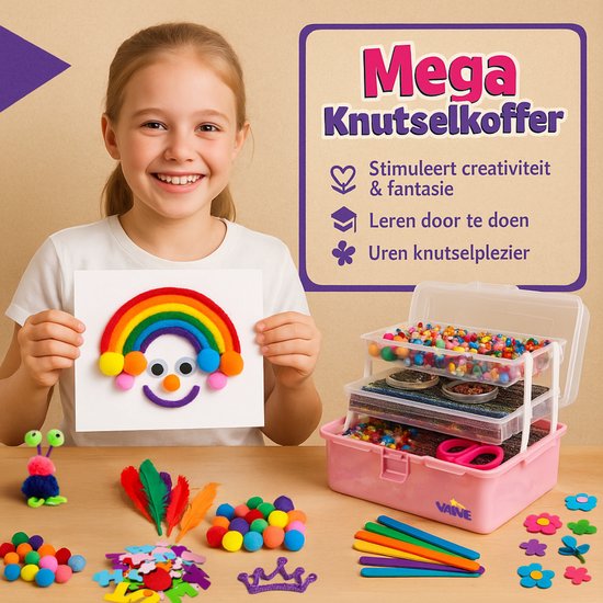 Vaive Bastelkoffer 1432-teilig - Crafting Girls - Perlen, Federn, Pompons & Wackelaugen - Bastelset - Bastelbedarf - Bastelpackungen