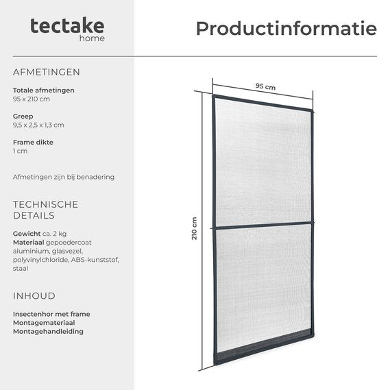 tectake® Fliegengittertür 95 x 210 cm – Fliegengitter mit Aluminiumrahmen – Nach Maß anfertigbar – Glasfaser-Fliegengitter – Wetter- und UV-beständig – inkl. Befestigungsmaterial – Anthrazit
