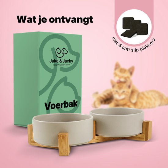 Jake and Jacky Fressnapf Katze und Hund Keramik - Fressnäpfe doppelt mit Ständer - Trinknapf - 2x 400 ml - Grau