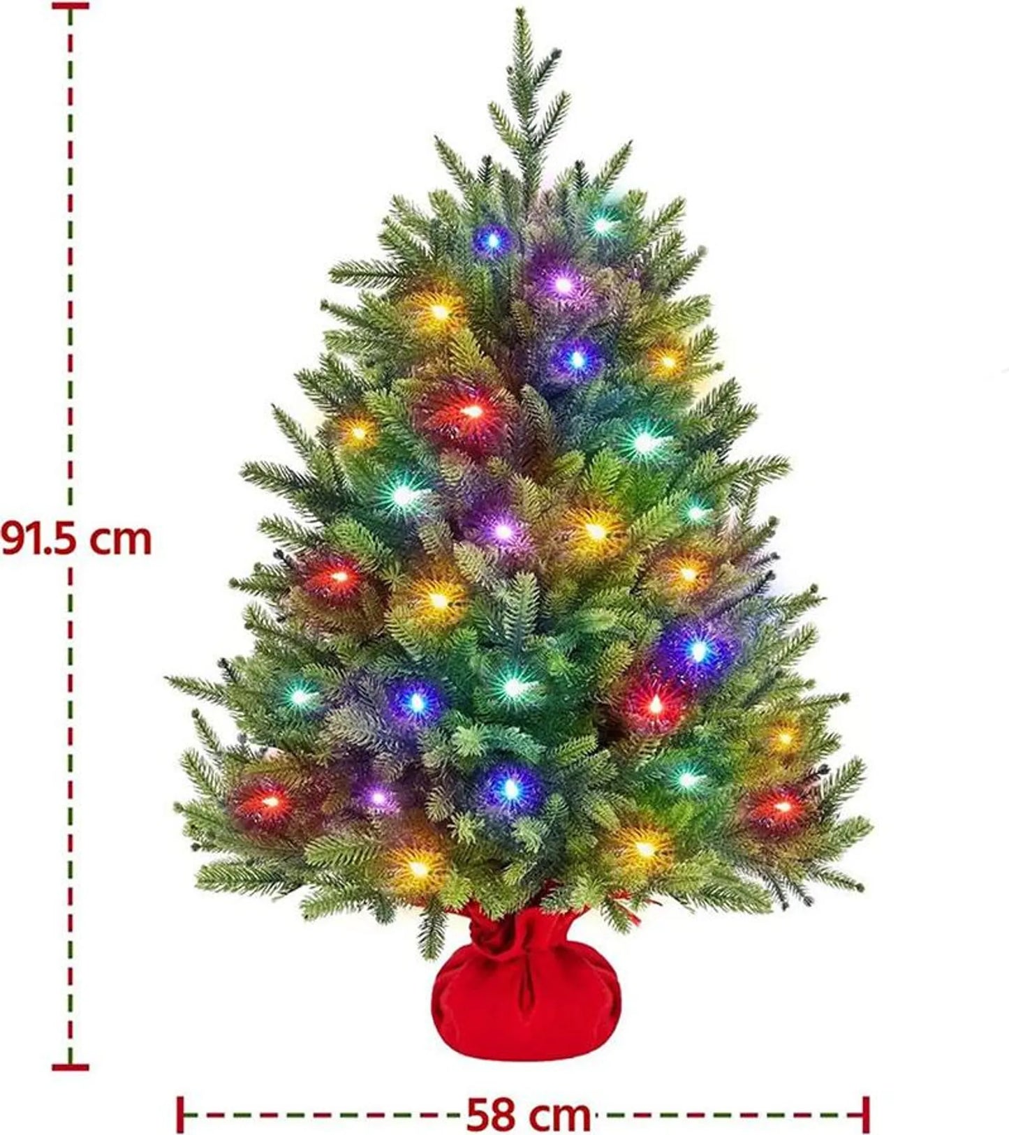 Yaheetech Künstlicher Weihnachtsbaum mit 50 farbigen Led-Lichtern - mit 143 Zweigspitzen und 8 Lichtmodi und Zementsockel - für Fensterbank und Tisch - grünes PVC und Beton - 58 x 58 x 91,5 cm