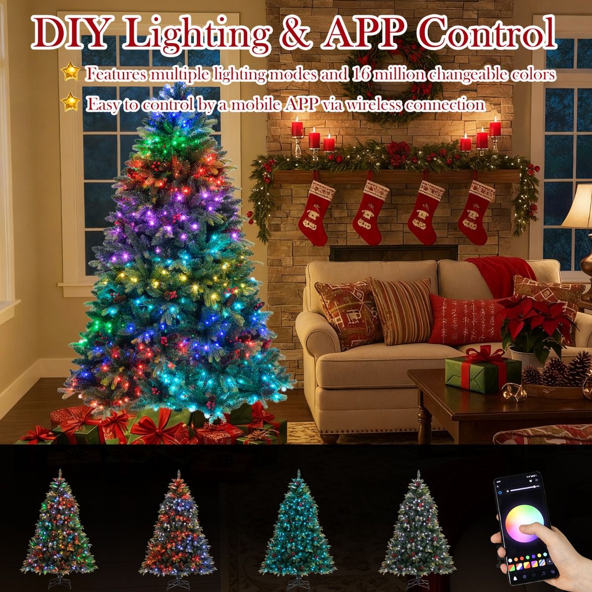 Coast 180 cm Künstlicher Weihnachtsbaum Grün - Vorbeleuchtet mit 370 RGB-Lichtern - APP-gesteuert - Mit Zapfen und roten Beeren