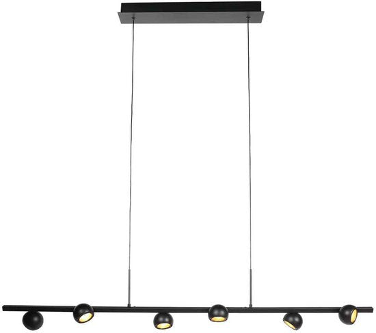 Schwarze Hängeleuchte Marcadore, 120 cm breit, 6-flammig, mit drehbaren Reflektorkugeln, höhenverstellbar, von Steinhauer, aus Kunststoff und Metall, im modernen Retro-Stil, für den Innenbereich