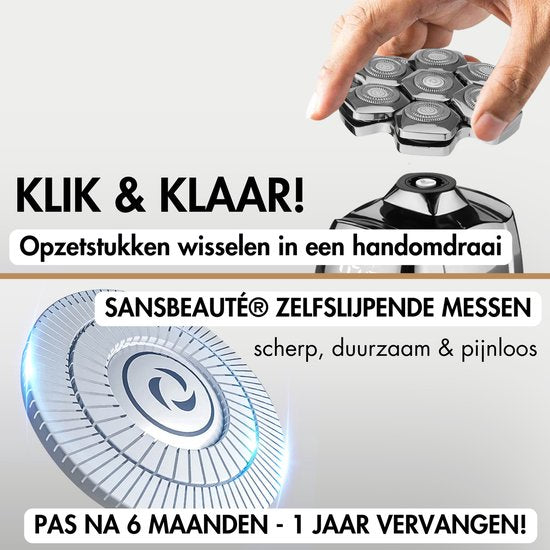 6-in-1 Herrenrasierer - Trimmer - Clipper - Sansbeauté® SkullSharp PRO MAGNETIC - Elektrischer Gesichts- und Kopfrasierer - Rasieren - Nass- und Trockenrasur - Kabelloses Laden - Elektrisch