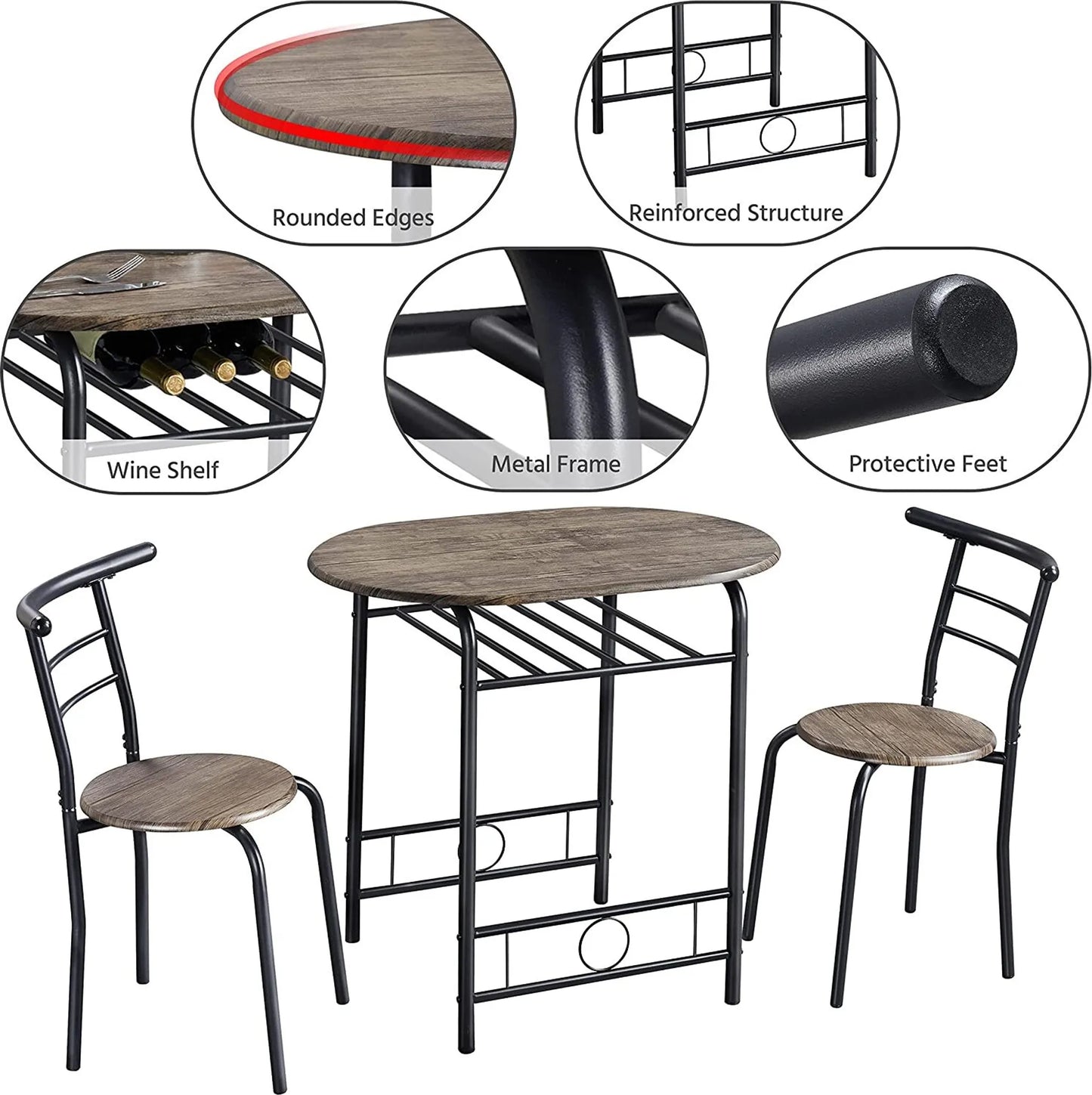 Yaheetech Dining Set von 3 - Features Tisch mit 2 Stühlen und verstellbare Lagerung Regal und wasserabweisende Beschichtung - für Küche und Esszimmer - Driftwood Brown Metall und MDF - 80 x 53 x 73,5 cm