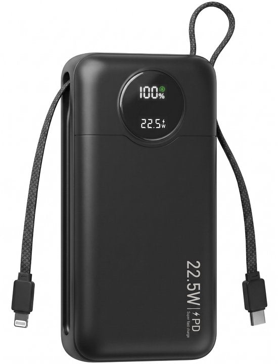 Nuvance Powerbank 20000 mAh – 22,5 W Schnellladegerät mit USB-C und 8-Pin-Anschluss – Notfallpaket – 2 Anschlüsse – 2 integrierte Kabel – Powerbank