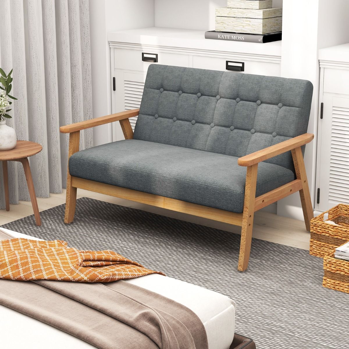 Coast Linen Loveseat 2-Sitzer – Grau – 114 x 72 x 77 cm – Rahmen aus Kautschukholz – Mid-Century-Design