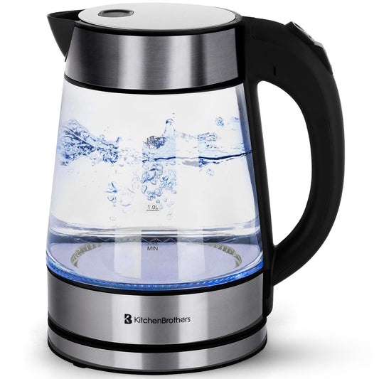 KitchenBrothers - Elektrischer Wasserkocher - Retro - 1,7L - mit Filter - 2200W - Glas - rostfreier Stahl