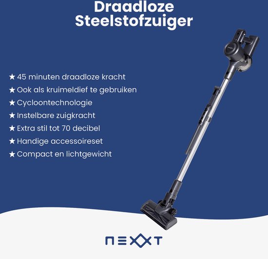 Nexxt Cordless Stick Vacuum Cleaner mit Cyclone Technology - Leichter Staubsauger mit beutelloser Staubabsaugung - HEPA 13 Filter - Komplettset - Schwarz