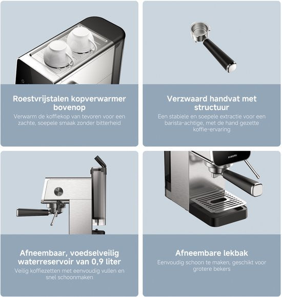 Xiaomi Halbautomatische Espressomaschine | Espressomaschine | 20 bar Pumpendruck | 1350 W | 0,9 l Wassertank | Milchaufschäumer aus Edelstahl | 1 und 2 Tassen | Kompakt