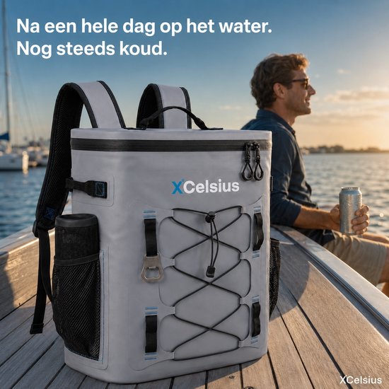 XCelsius® Kühltaschen-Rucksack 20 Liter – Kühltaschen-Rucksack mit 2 Kühlelementen und Flaschenöffner – Mindestens 24 Stunden Kühlleistung – 100 % wasserdicht – Kühltaschen-Rucksack für Strand, Festival, Boot und Camping – Grau