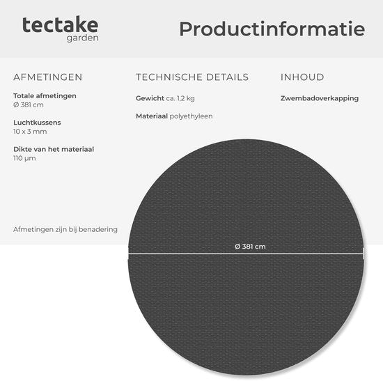 tectake® Schwimmbad-Abdeckplane – Rund, Ø 381 cm – Noppenfolie – Schwimmbadabdeckung – Sonnenfolie – Wärmefolie – Schwimmbadheizung – Selbstschwimmend – Auf Maß zuschneidbar – Schwarz