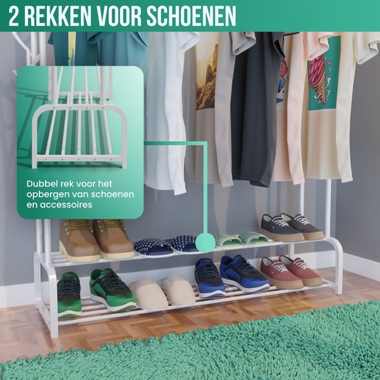Avalo Industrieller Kleiderständer Doppelstab - Metall - 110x33x150 CM - Weiß - Aufbewahrung für Schuhe - Garderobenständer mit Haken