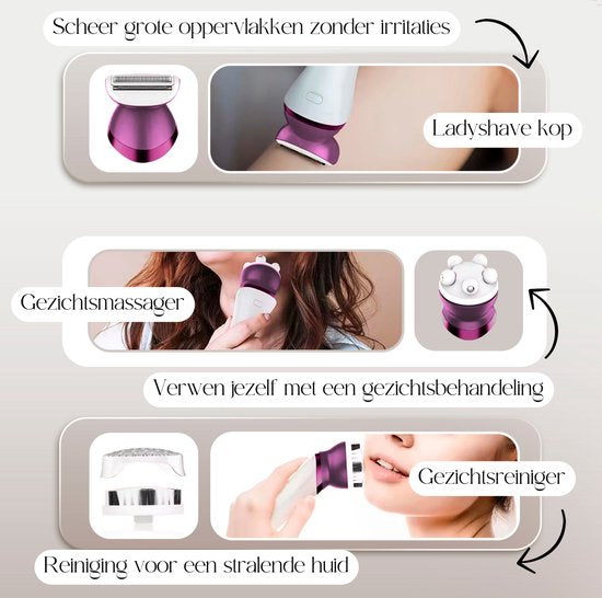Sansbeauté® 6-in-1 Ladyshave - Gesicht - Achselhöhlen - Beine - Bikinizone - Rasierer für Frauen - Epilierer - Epilierer für Damen - Trimmer für Frauen - Bikini Trimmer - USB Wiederaufladbar