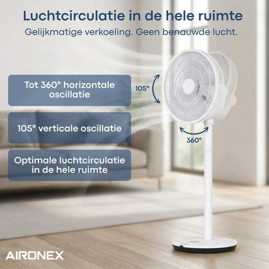 Aironex Ventilator – Leiser Standventilator mit 26 Geschwindigkeitsstufen – Steuerung per App – Geringer Stromverbrauch – Weiß – Mit Aromafunktion und WLAN – Timer und Nachtmodus – Höhenverstellbar – Horizontale + vertikale Schwenkfunktion