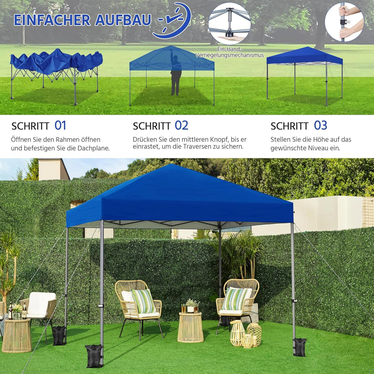 Yaheetech Pop-up-Faltpavillon 3 × 3 m, höhenverstellbar von 170,5 bis 265,5 cm, blau