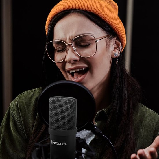 LifeGoods Mikrofon für PC - mit Arm - Gaming-Mikrofon - Streaming - Kondensator - Rauschunterdrückung - Pop Cap - Pop Filter - Schwarz