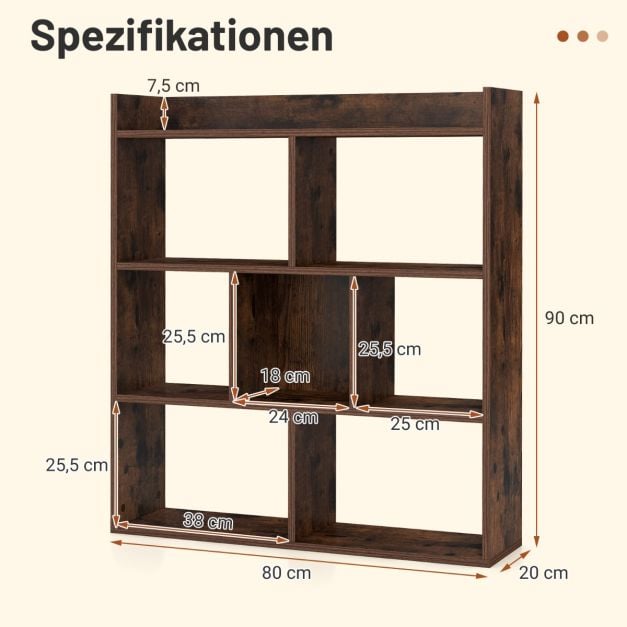 Coast Bücherregal mit 7 offenen Fächern – 80 x 20 x 90 cm – Kaffee, Weiß oder Walnuss