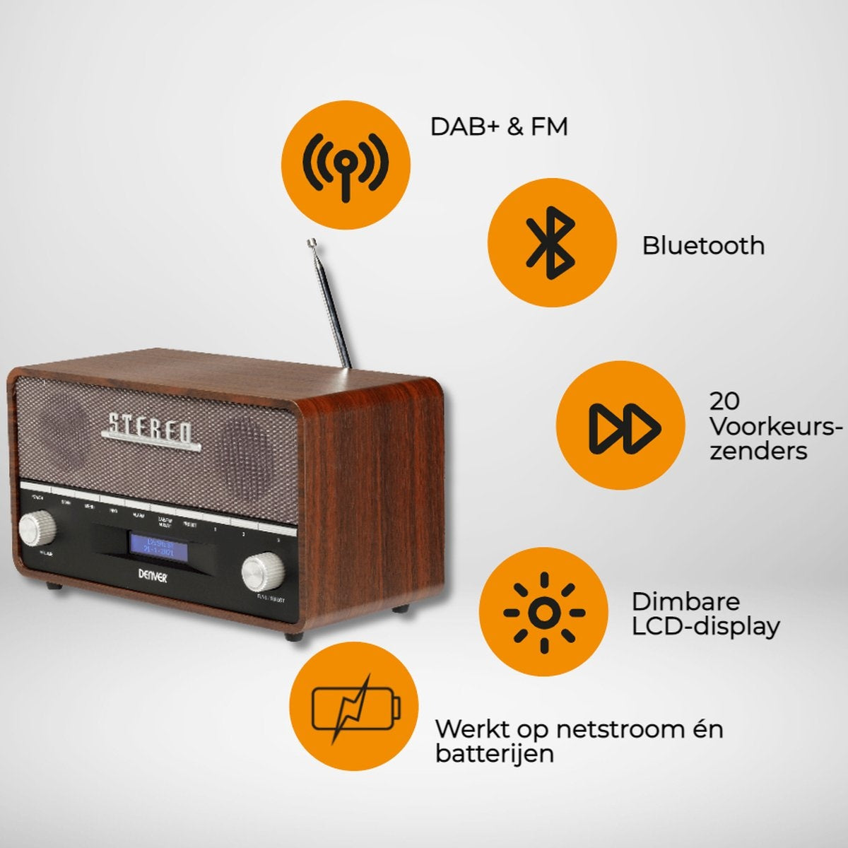 Denver DAB Radio - Retro - XL - DAB+/ FM Radio - Bluetooth - Dimmbar - 100W - Batterien & Netz - Holz