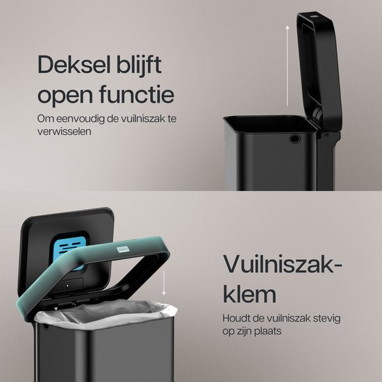 Deleca Sensor Mülleimer 50 Liter - Mit FreshAura Geruchskontrolle - Slow Close Mülleimer - Edelstahl Mülleimer - Schwarz