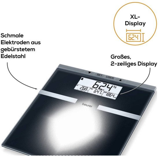 Beurer BG 21 Personenwaage – Körperanalyse – BMI/BMR/AMR - Bis zu 180 kg - 30 x 31,5 cm - 10 Benutzer - Beleuchtetes großes 2-zeiliges LCD-Display - Inkl. Batterien - 5 Jahre Garantie