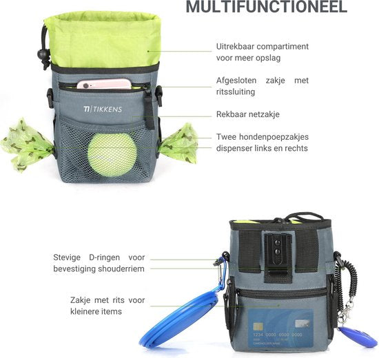 Tikkens Belohnungstasche für Hunde – Mit Clicker und zusammenklappbarem Fressnapf – Wasserdicht und waschbar – 25 x 15 x 3 cm – Grau