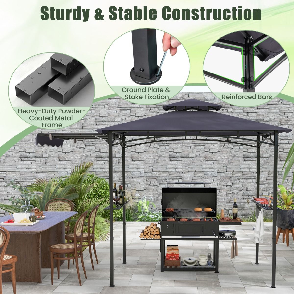 Coast Grillpavillon mit Seitenmarkise und Doppeldach 318 x 153 x 250 cm Dunkelgrau - Inklusive Seitenablagen und Haken
