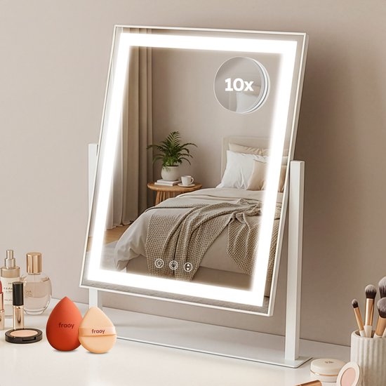 Fraay® Hollywoodspiegel mit Beleuchtung 41x30cm - 3 Lichtstufen - Schminkspiegel mit 10-facher Vergrößerung - LED-Streifenbeleuchtung dimmbar - inkl. Beauty Blender und Puderquaste